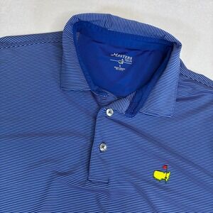 MASTERS TECH Golf Polo Shirt Mens Blue White Stripe Short Sleeve Masters Logo